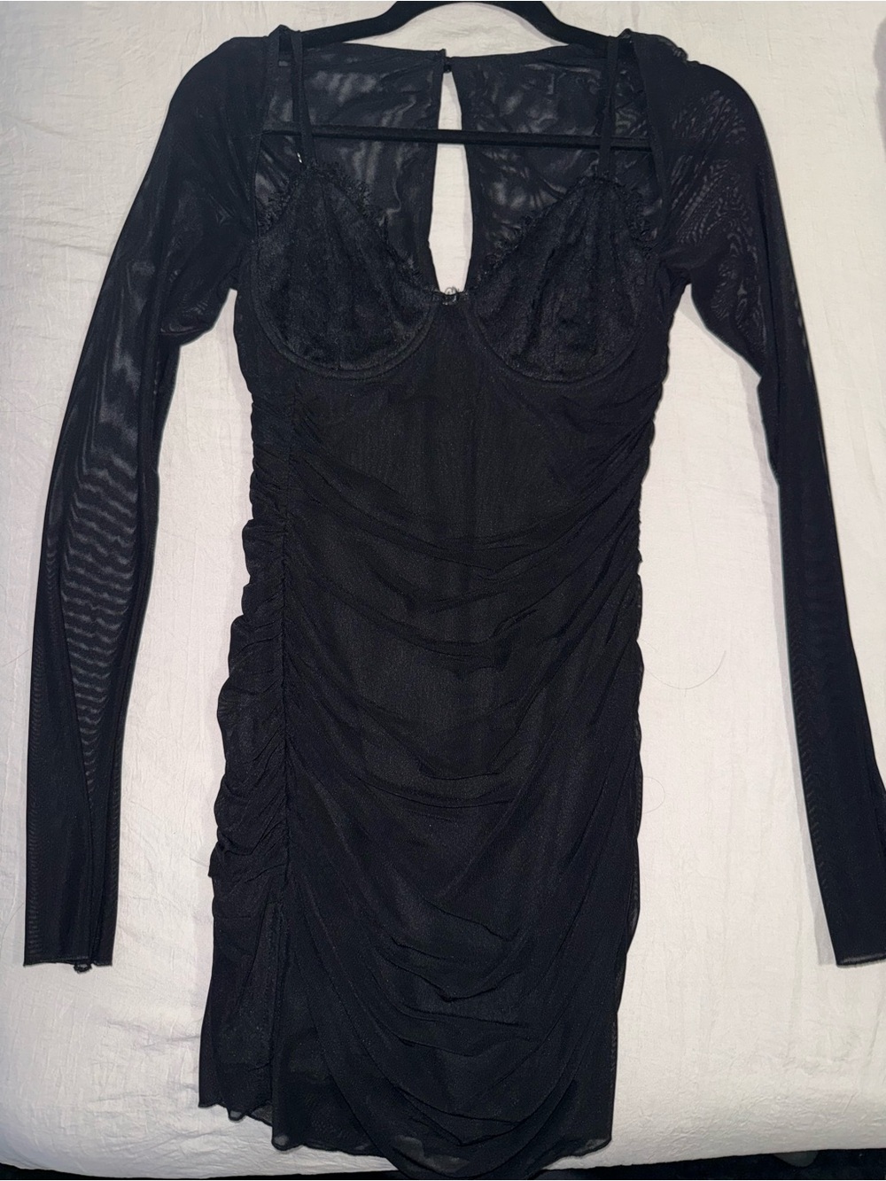 Black Mesh Ruched Long-Sleeve Bodycon Dress